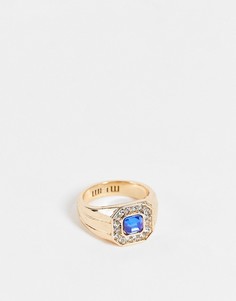 Золотистое кольцо-печатка с камнем синего цвета WFTW-Золотистый