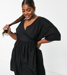 Черное платье мини с запахом спереди, присборенной юбкой и рукавами-кимоно ASOS DESIGN Curve Edit-Черный цвет