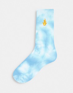 Голубые спортивные носки с принтом тай-дай и вышивкой в виде пламени ASOS DESIGN-Голубой
