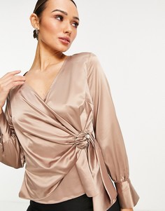 Бежевая атласная блузка с запахом River Island-Светло-бежевый цвет
