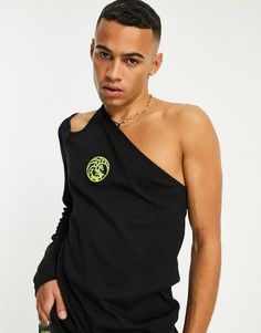 Черный приталенный лонгслив на одно плечо с вышивкой дракона ASOS DESIGN-Черный цвет