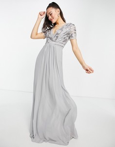 Серебристое платье макси с кружевной отделкой и пышной юбкой Goddiva-Серебряный