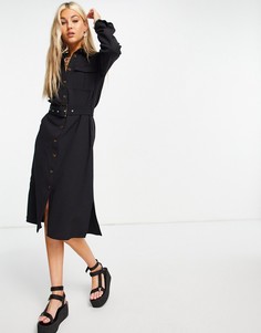 Платье-рубашка миди с ремнем черного цвета Object-Черный цвет