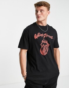 Oversized-футболка черного цвета с принтом символики группы "Rolling Stones" Only & Sons-Черный цвет