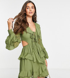 Шифоновое платье мини цвета хаки с оборками ASOS DESIGN Tall-Зеленый цвет
