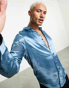 Атласная рубашка синего цвета с глянцевым эффектом ASOS DESIGN-Медный