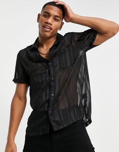 Черная рубашка с отложным воротником и выжженным узором в полоску Topman-Черный цвет