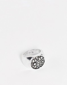 Серебристое кольцо-печатка с цветочным узором Icon Brand-Серебряный
