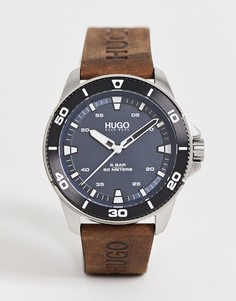 Мужские часы с синим циферблатом и коричневым кожаным ремешком Hugo-Коричневый цвет