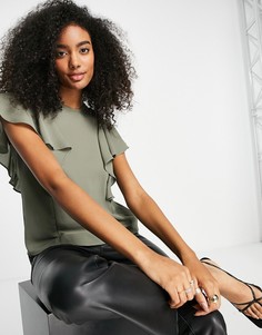 Блузка цвета хаки с высоким воротом и оборками на рукавах ASOS DESIGN-Зеленый цвет