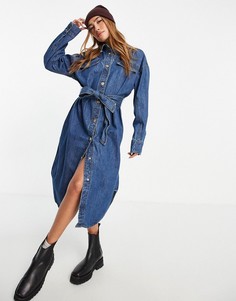 Синее джинсовое платье-рубашка миди с поясом River Island-Голубой