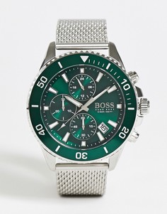 Мужские серебристые часы-браслет с зеленым циферблатом Boss-Серебряный