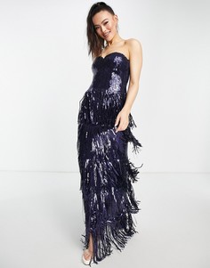 Темно-синие платье макси с открытыми плечами, пайетками и кисточками Goddiva-Темно-синий
