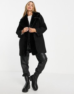 Черное пальто с отделкой из искусственного меха River Island-Черный цвет