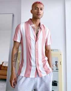 Розовая рубашка из трикотажа в вертикальную полоску Bershka-Розовый цвет