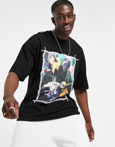 Черная футболка в стиле oversized с принтами на груди и спине Bershka Naruto-Черный цвет