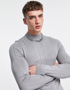 Серый джемпер в рубчик с круглым вырезом Bershka