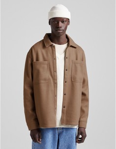 Бежевая рубашка навыпуск Bershka-Светло-бежевый цвет