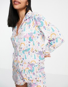 Разноцветная пижама с рубашкой и шортами с принтом с единорогом Chelsea Peers-Белый