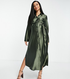 Атласное платье-рубашка миди цвета хаки с широкими рукавами и поясом ASOS DESIGN Maternity-Зеленый цвет
