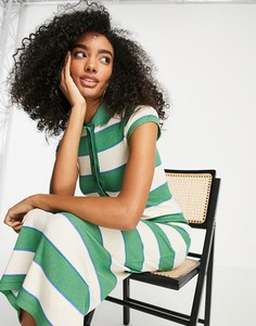 Ярко-зеленое платье-поло миди в рубчик и полоску с воротником ASOS DESIGN-Разноцветный