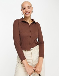 Трикотажная рубашка шоколадного цвета на пуговицах с длинными рукавами Miss Selfridge-Разноцветный