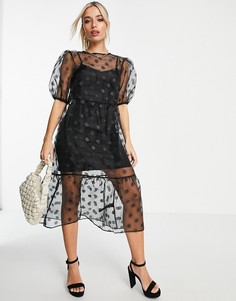 Черное платье миди из органзы в горошек Miss Selfridge-Черный цвет