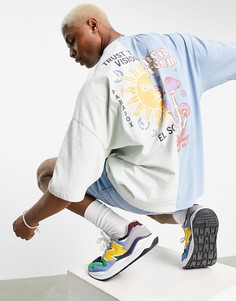 Синяя oversized-футболка в стиле колор-блок с принтом на спине ASOS DESIGN-Многоцветный