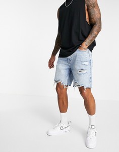 Рваные джинсовые шорты зауженного кроя светло-голубого цвета Bershka-Голубой