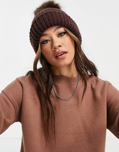 Вязаная шапка-бини шоколадного цвета с меховым помпоном Topshop-Коричневый цвет