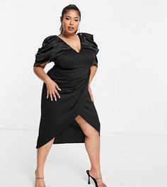 Черное атласное платье миди с драпированными рукавами и запахом ASOS DESIGN Curve-Черный цвет