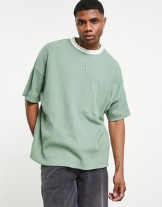 Oversized-футболка цвета хаки с вафельной текстурой и контрастным кантом ASOS DESIGN-Зеленый цвет