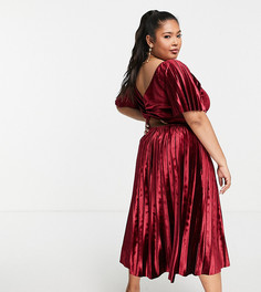 Темно-бордовое плиссированное платье миди с перекрученной отделкой на спине и завышенной талией ASOS DESIGN Curve-Красный