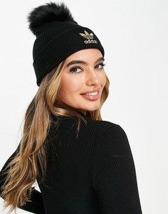 Черная шапка-бини с помпоном из искусственного меха adidas Originals-Черный цвет