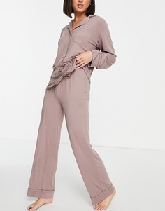 Супермягкий пижамный комплект розовато-лилового цвета с длинными рукавами и атласной окантовкой Loungeable-Коричневый цвет