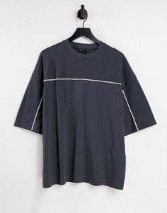 Oversized-футболка из пике выбеленного черного цвета с рукавами до локтя и белой окантовкой ASOS DESIGN-Черный цвет