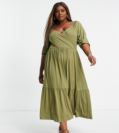 Трикотажное свободное платье миди с запахом ASOS DESIGN Curve-Зеленый цвет