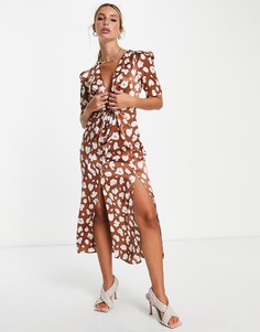 Коричневое платье миди с принтом French Connection-Коричневый цвет