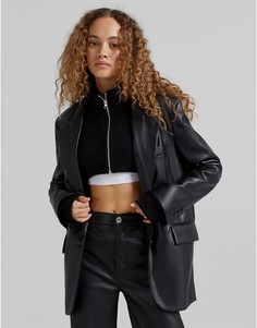 Черный oversized-блейзер из искусственной кожи Bershka-Черный цвет