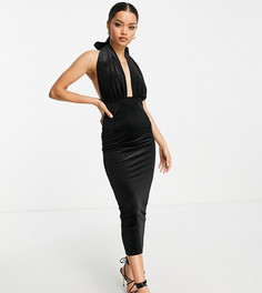 Черное бархатное платье макси с завязкой на шее и перекрестной отделкой спереди ASOS DESIGN Petite-Черный цвет