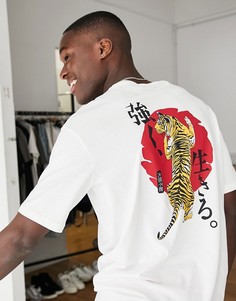 Белая oversized-футболка из органического хлопка с принтом тигра на спине Selected Homme-Белый