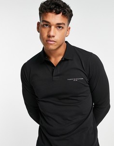 Черная приталенная футболка-поло с длинными рукавами из трикотажа с логотипом-флагом Tommy Hilfiger-Черный цвет