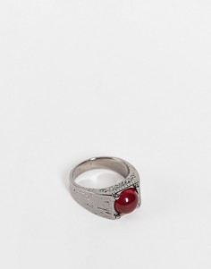 Темно-серое кольцо-печатка с красным камнем и отделкой ASOS DESIGN-Серебряный