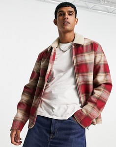 Красная куртка Харрингтон в клетку с воротником «борг» ASOS DESIGN-Красный