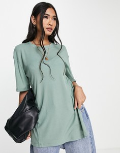 Бирюзовая oversized-футболка в рубчик с разрезами по бокам и декоративной строчкой ASOS DESIGN-Зеленый цвет