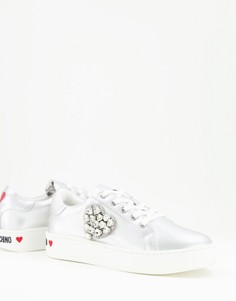 Серебристые кроссовки с отделкой стразами в виде сердца Love Moschino-Серебряный