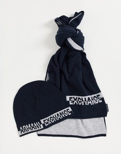 Темно-синий подарочный комплект из шапки-бини и шарфа с логотипом Armani Exchange