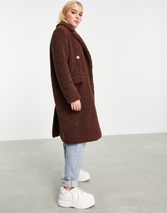 Удлиненное пальто шоколадного цвета из искусственного меха Miss Selfridge-Коричневый цвет