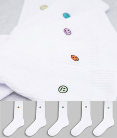 Набор из 5 пар спортивных носков белого цвета с дизайном смайлов ASOS DESIGN-Белый