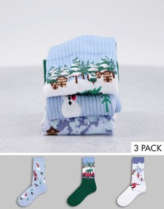 Набор из 3 пар спортивных носков с новогодними принтами с ландшафтами и Санта-Клаусом на лыжах ASOS DESIGN-Разноцветный